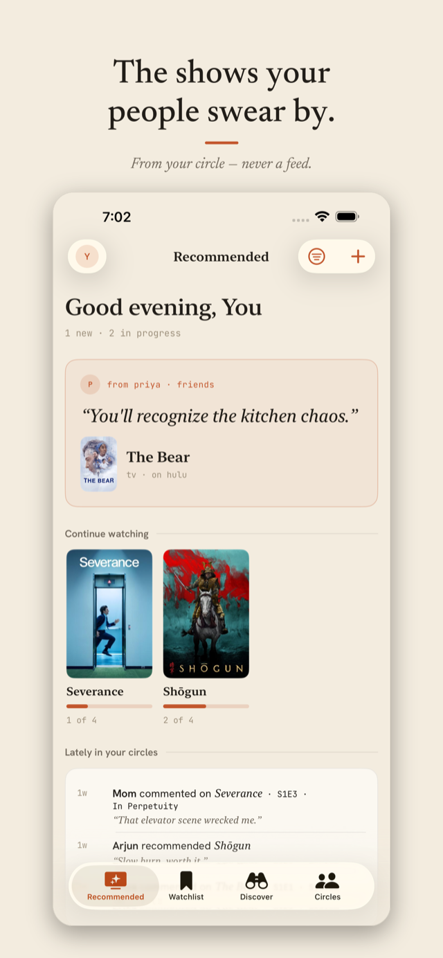 Cuelo screenshot: the Recommended screen showing shows your circles swear by